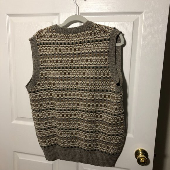 LANDS' END 100% Scottish lambswool beigy print grandpa sleeveless sweater, L - Picture 2 of 9